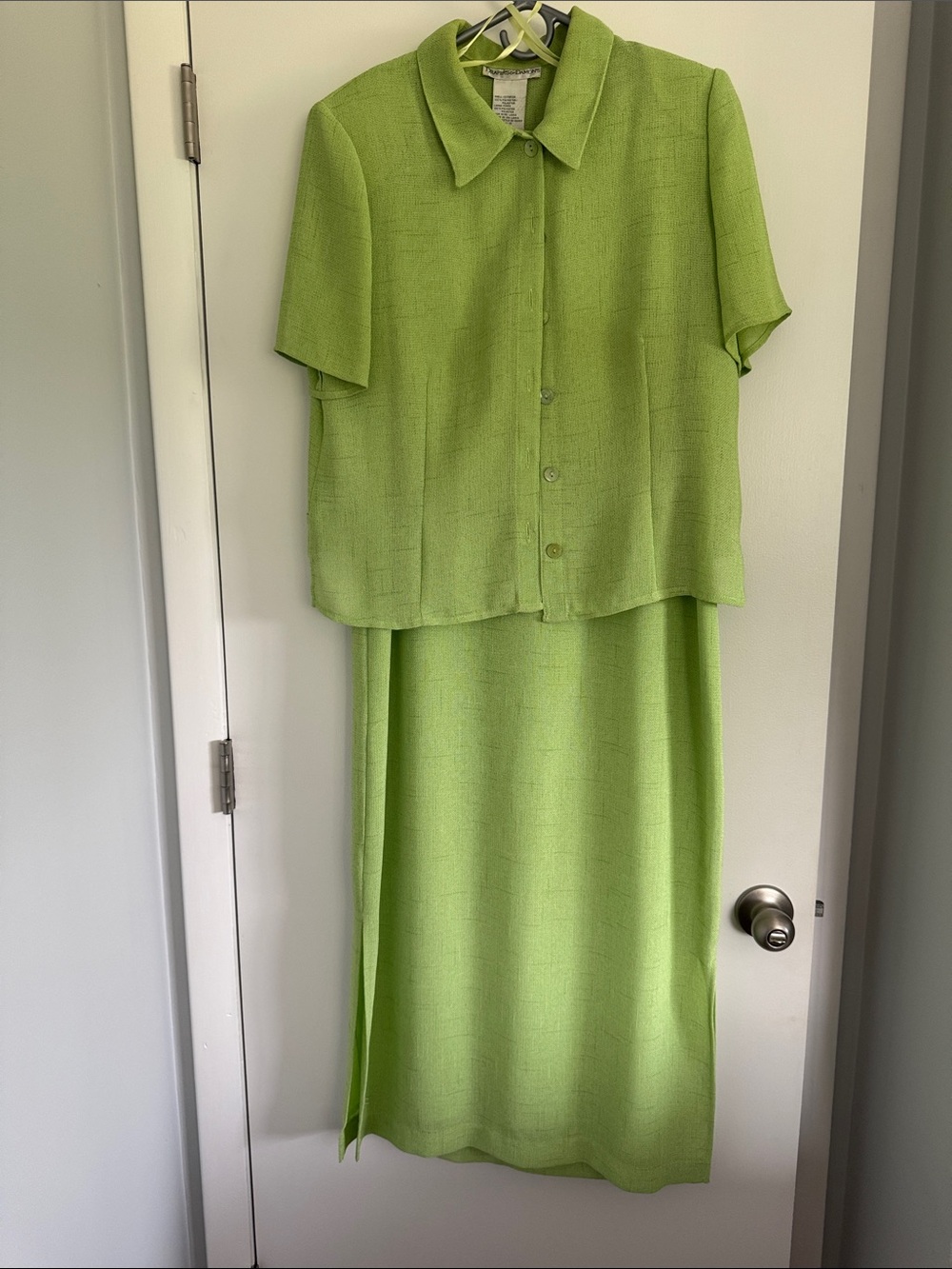 Lime Green Midi Dress Set with Short-Sleeve Button Top